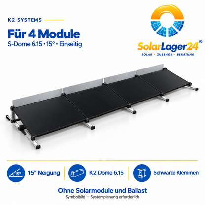 K2 S-Dome 6.15 Montageset für 4 Module in Quermontage mit 15 Grad – einseitige Anordnung als Symbolbild ohne Solarmodule und Ballast im Lieferumfang