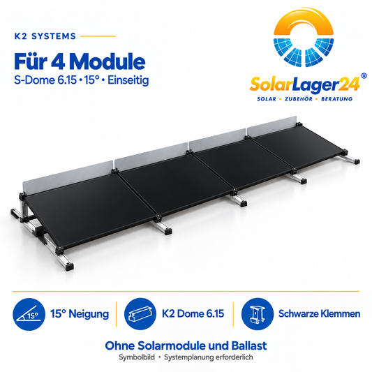 K2 S-Dome 6.15 Montageset für 4 Module in Quermontage mit 15 Grad – einseitige Anordnung als Symbolbild ohne Solarmodule und Ballast im Lieferumfang