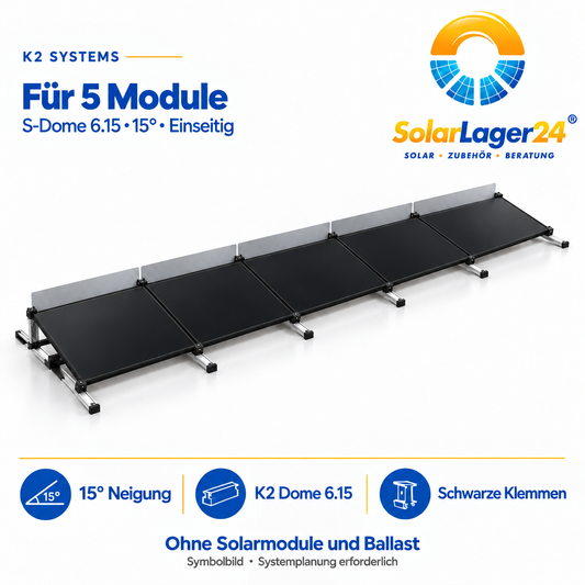 K2 S-Dome 6.15 Montageset für 5 Module in Quermontage mit 15 Grad – einseitige Anordnung als Symbolbild ohne Solarmodule und Ballast im Lieferumfang