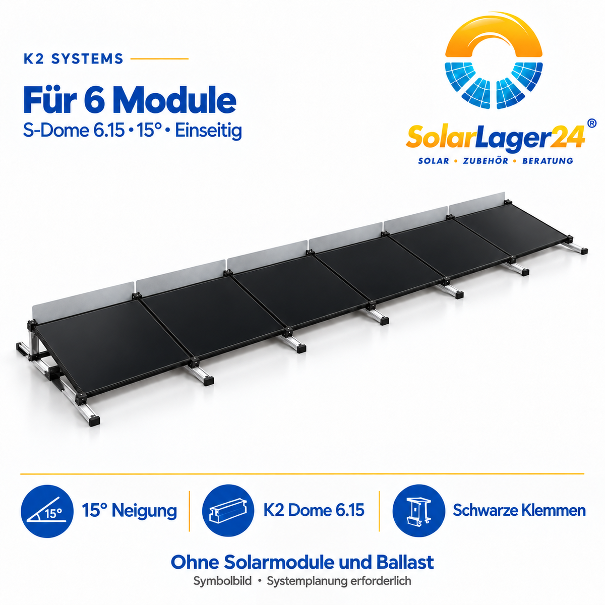 K2 S-Dome 6.15 Montageset für 6 Module in Quermontage mit 15 Grad – einseitige Anordnung als Symbolbild ohne Solarmodule und Ballast im Lieferumfang