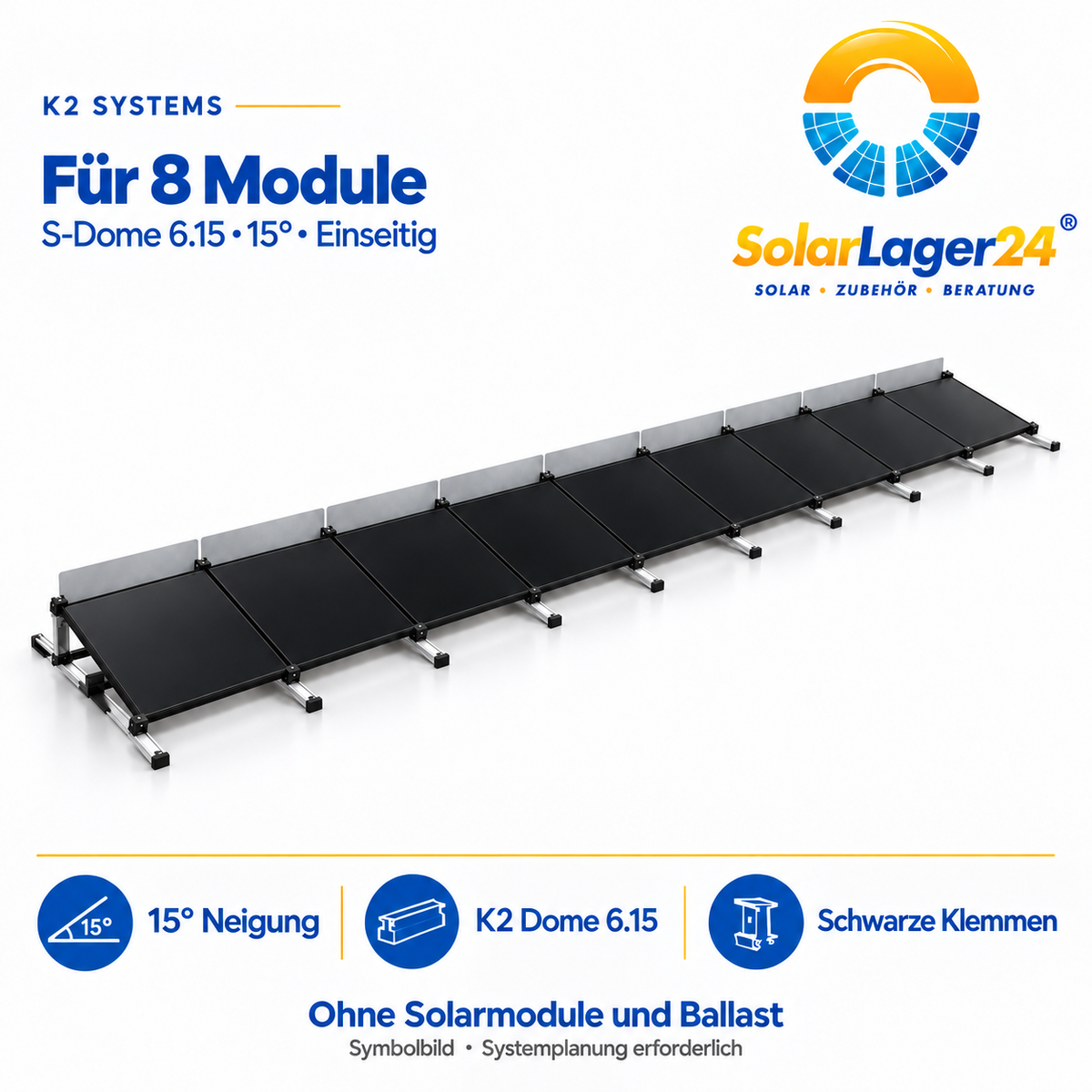 K2 S-Dome 6.15 Montageset für 8 Module in Quermontage mit 15 Grad – einseitige Anordnung als Symbolbild ohne Solarmodule und Ballast im Lieferumfang