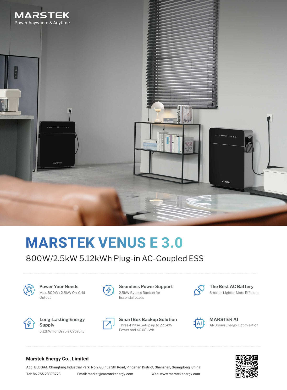 MARSTEK VENUS E 3.0 – Herstellerdatenblatt, Seite 1 von 2, Produktübersicht und Funktionen, Englisch.
