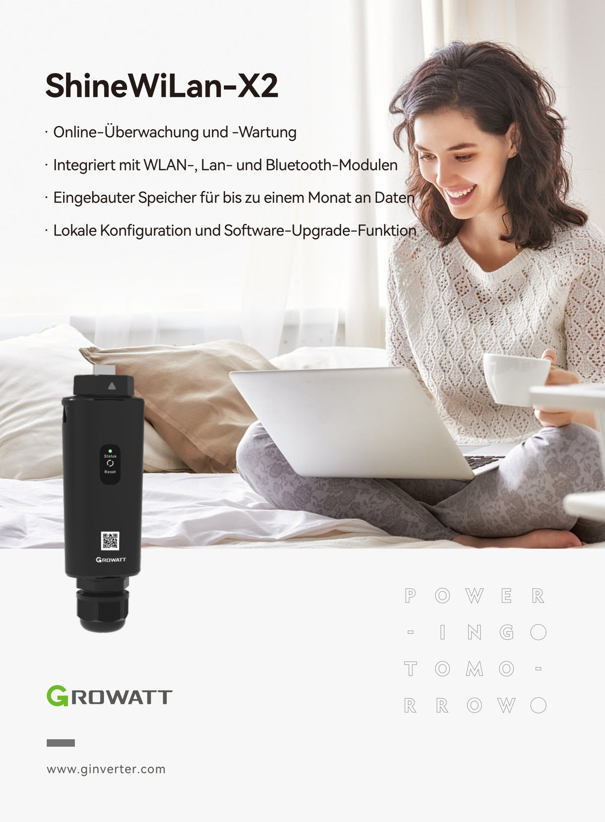 Growatt ShineWiLan-X2 Datenlogger – Herstellerdatenblatt, Seite 1 von 2, Produktübersicht und Eigenschaften.