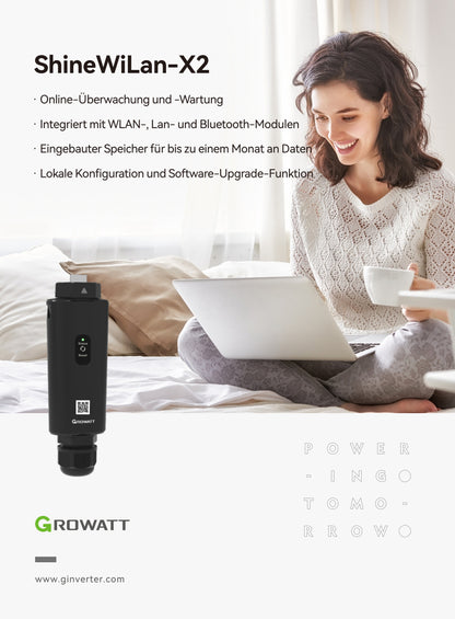 Growatt ShineWiLan-X2 Datenlogger – Herstellerdatenblatt, Seite 1 von 2, Produktübersicht und Eigenschaften.