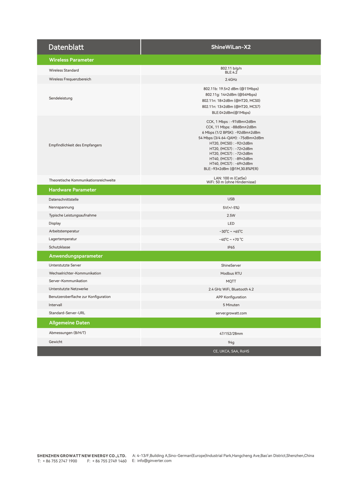 Growatt ShineWiLan-X2 Datenlogger – Herstellerdatenblatt, Seite 2 von 2, technische Daten.