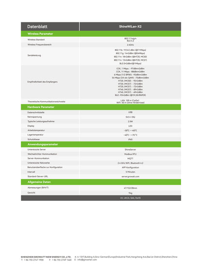 Growatt ShineWiLan-X2 Datenlogger – Herstellerdatenblatt, Seite 2 von 2, technische Daten.
