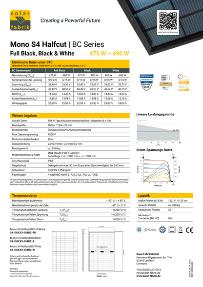 Solar Fabrik Mono S4 Halfcut BC Series – Herstellerdatenblatt Seite 2, technische Daten BC Black 480 W
