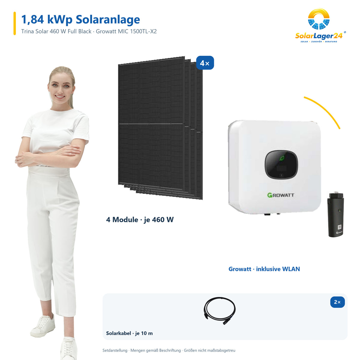 Solaranlage 1,84 kWp mit 4 Trina Solar 460-W-Full-Black-Modulen, Growatt MIC 1500TL-X2, WLAN-Stick und zwei 10-m-Solarkabeln mit 6 mm² – präsentiert von einem SolarLager24 Model