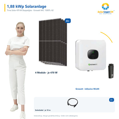 Solaranlage 1,88 kWp mit 4 Trina Solar 470-W-Modulen, Growatt MIC 1500TL-X2, WLAN-Stick und zwei 10-m-Solarkabeln mit 6 mm² – präsentiert von einem SolarLager24 Model