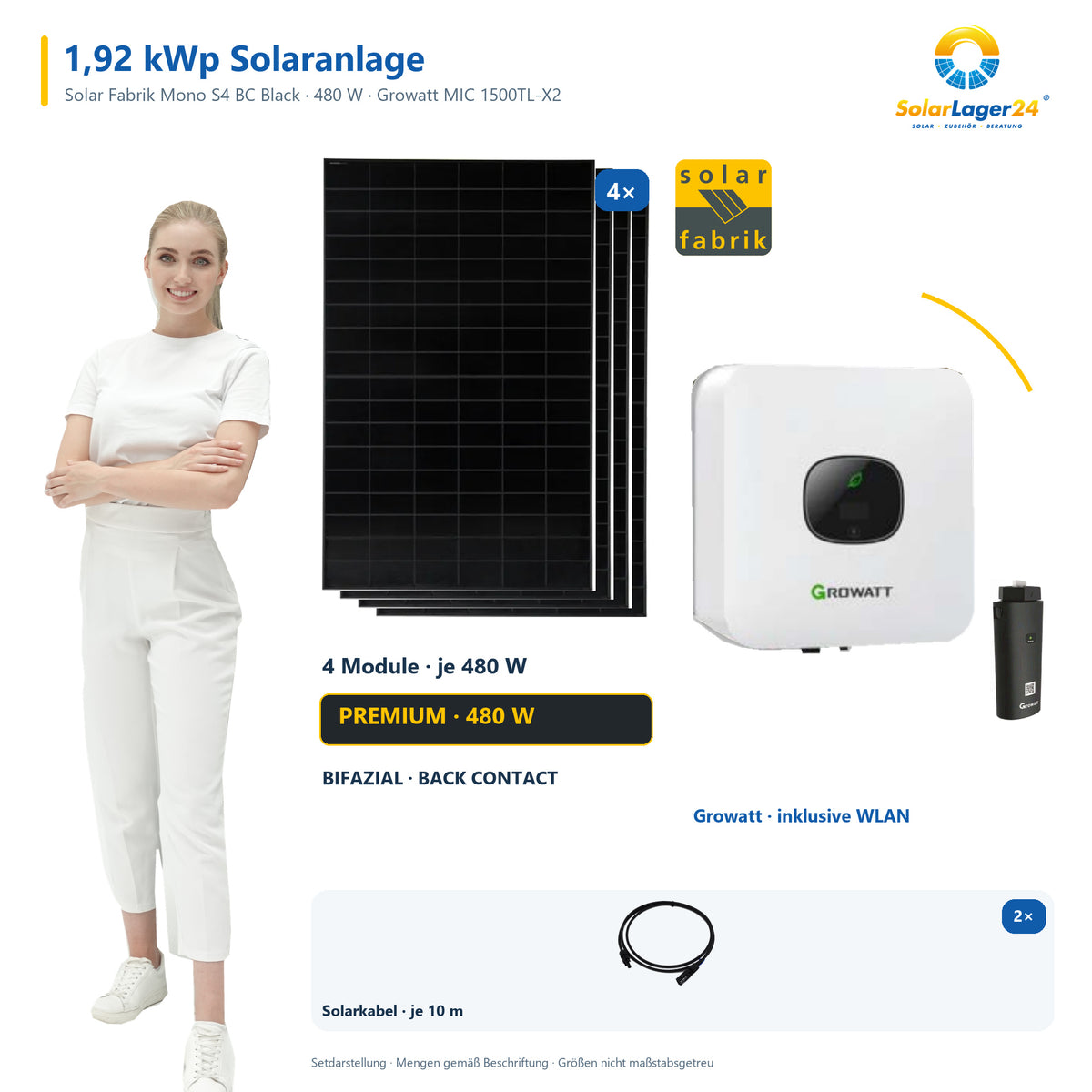 Solaranlage 1,92 kWp mit 4 bifazialen Solar Fabrik Mono S4 BC Black 480-W-Back-Contact-Modulen, Growatt MIC 1500TL-X2, WLAN-Stick und zwei 10-m-Solarkabeln mit 6 mm² – präsentiert von einem SolarLager24 Model