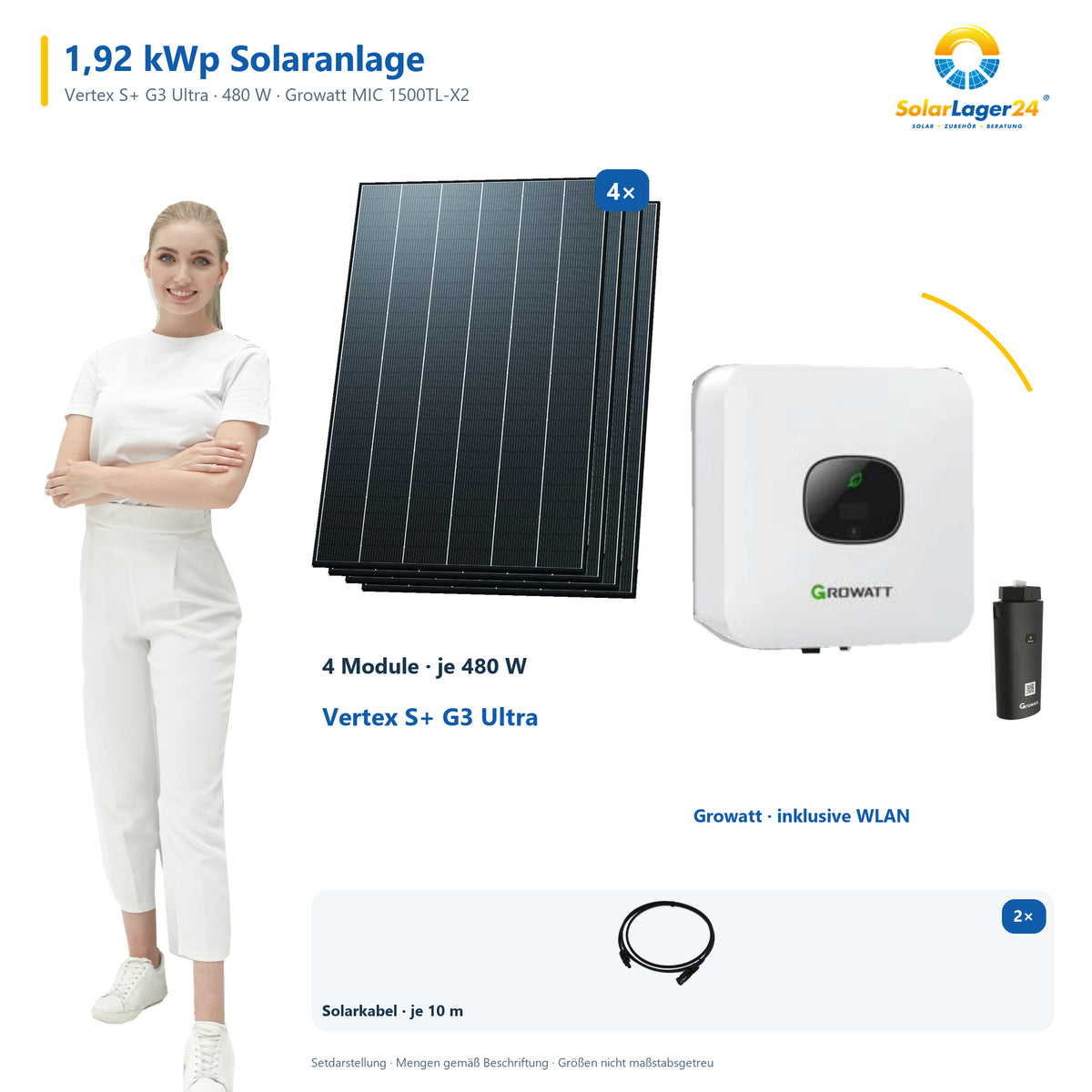 Solaranlage 1,92 kWp mit 4 Trina Solar Vertex S+ G3 Ultra 480-W-Modulen, Growatt MIC 1500TL-X2, WLAN-Stick und zwei 10-m-Solarkabeln mit 6 mm² – präsentiert von einem SolarLager24 Model
