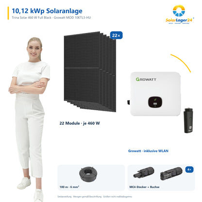 Solaranlage 10,12 kWp mit 22 Trina Solar 460-W-Full-Black-Modulen, Growatt MOD 10KTL3-HU, WLAN-Stick und 100 m Solarkabel mit 6 mm² und vier Paar Stäubli MC4-Stecker/Buchse – präsentiert von einem SolarLager24 Model