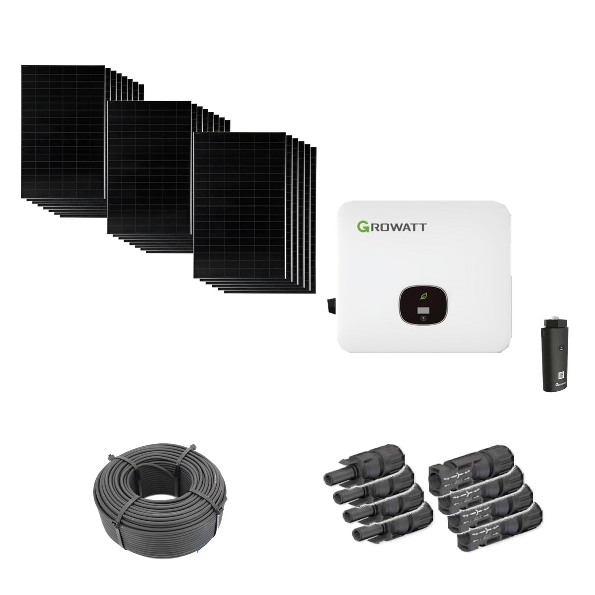 Solaranlage 10,56 kWp mit 22 bifazialen Solar Fabrik Mono S4 BC Black 480-W-Back-Contact-Modulen, Growatt MOD 10KTL3-HU, WLAN-Stick und 100 m Solarkabel mit 6 mm² und vier Paar Stäubli MC4-Stecker/Buchse