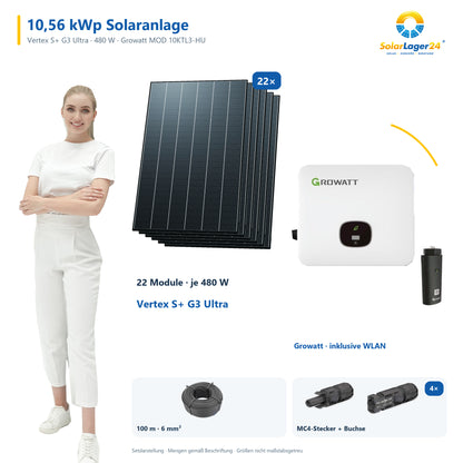 Solaranlage 10,56 kWp mit 22 Trina Solar Vertex S+ G3 Ultra 480-W-Modulen, Growatt MOD 10KTL3-HU, WLAN-Stick und 100 m Solarkabel mit 6 mm² und vier Paar Stäubli MC4-Stecker/Buchse – präsentiert von einem SolarLager24 Model