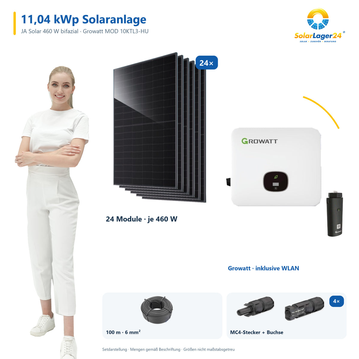 Solaranlage 11,04 kWp mit 24 JA Solar 460-W-Modulen, Growatt MOD 10KTL3-HU, WLAN-Stick und 100 m Solarkabel und vier MC4-Steckerpaaren – präsentiert von einem SolarLager24 Model