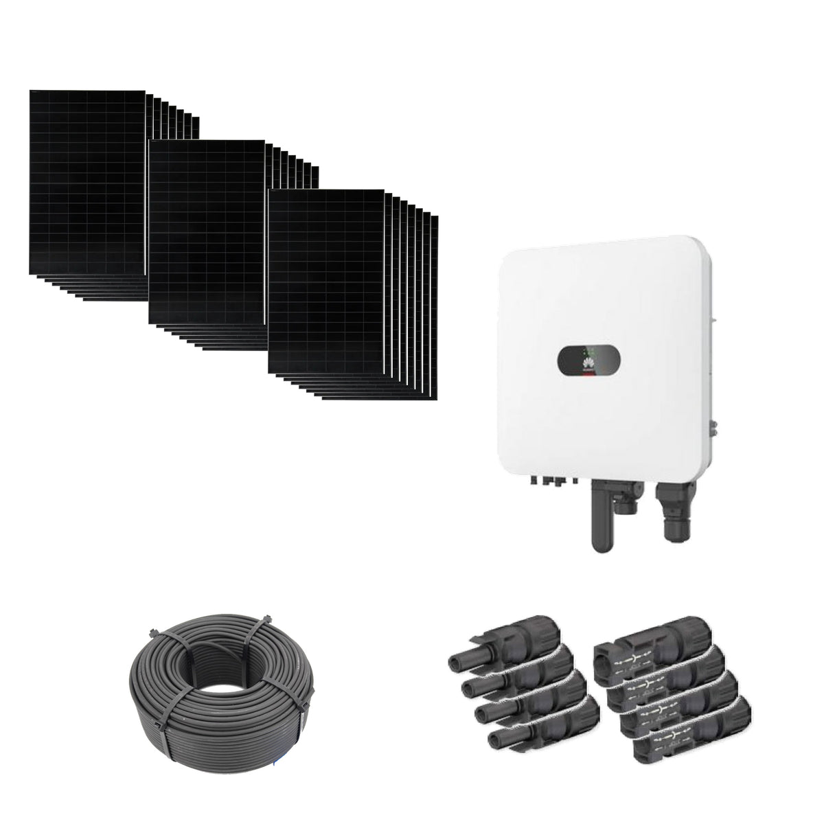 11,52 kWp Solaranlage mit 24 Solar Fabrik Mono S4 BC Black 480 W Modulen, Huawei SUN2000-10K-MAP0 mit WLAN-FE-Dongle, 100 m Solarkabel und vier Paar MC4-Stecker/Buchse