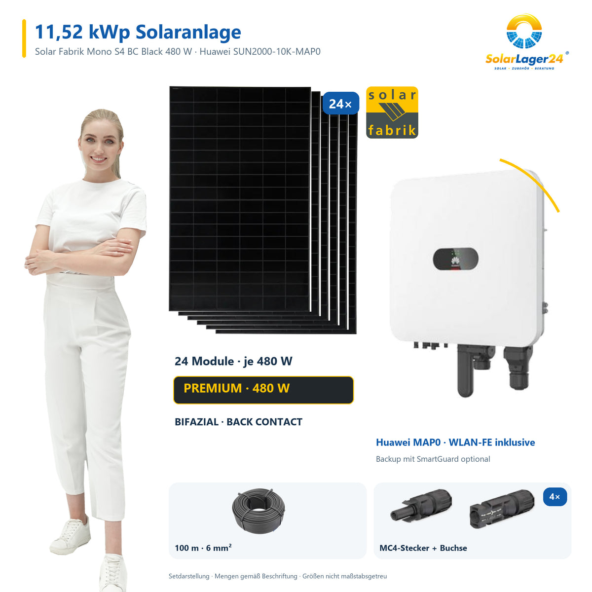 11,52 kWp Solaranlage mit 24 Solar Fabrik Mono S4 BC Black 480 W Modulen, Huawei SUN2000-10K-MAP0 mit WLAN-FE-Dongle, 100 m Solarkabel und vier Paar MC4-Stecker/Buchse – präsentiert von einem SolarLager24 Model