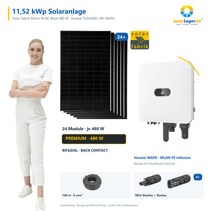 11,52 kWp Solaranlage mit 24 Solar Fabrik Mono S4 BC Black 480 W Modulen, Huawei SUN2000-10K-MAP0 mit WLAN-FE-Dongle, 100 m Solarkabel und vier Paar MC4-Stecker/Buchse – präsentiert von einem SolarLager24 Model