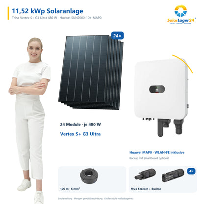11,52 kWp Solaranlage mit 24 Trina Vertex S+ G3 Ultra 480 W Modulen, Huawei SUN2000-10K-MAP0 mit WLAN-FE-Dongle, 100 m Solarkabel und vier Paar MC4-Stecker/Buchse – präsentiert von einem SolarLager24 Model