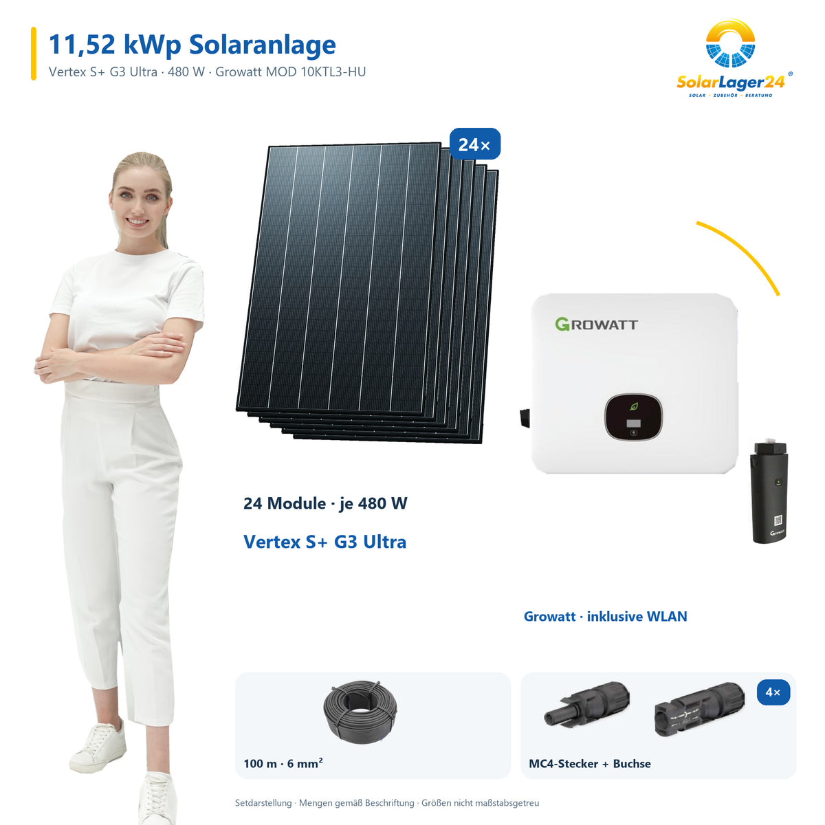 Solaranlage 11,52 kWp mit 24 Trina Solar Vertex S+ G3 Ultra 480-W-Modulen, Growatt MOD 10KTL3-HU, WLAN-Stick und 100 m Solarkabel mit 6 mm² und vier Paar Stäubli MC4-Stecker/Buchse – präsentiert von einem SolarLager24 Model