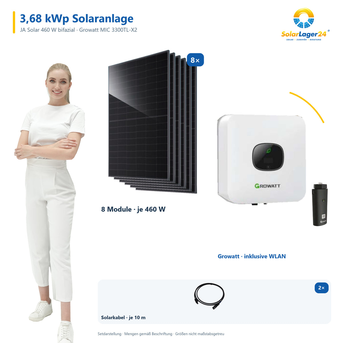 Solaranlage 3,68 kWp mit 8 JA Solar 460-W-Modulen, Growatt MIC 3300TL-X2, WLAN-Stick und zwei Solarkabeln – präsentiert von einem SolarLager24 Model