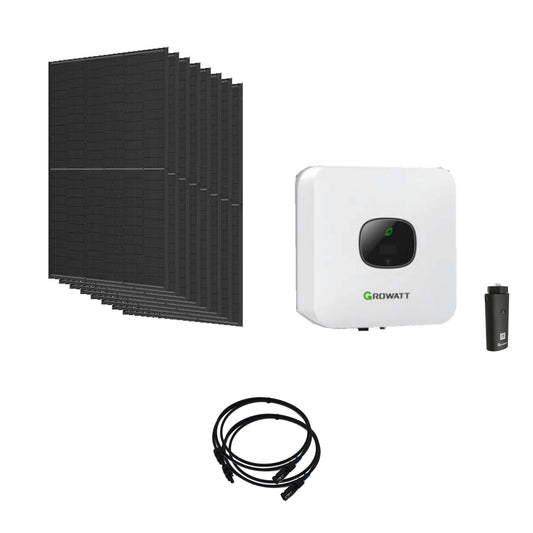 Solaranlage 3,68 kWp mit 8 Trina Solar 460-W-Full-Black-Modulen, Growatt MIC 3300TL-X2, WLAN-Stick und zwei 10-m-Solarkabeln mit 6 mm²