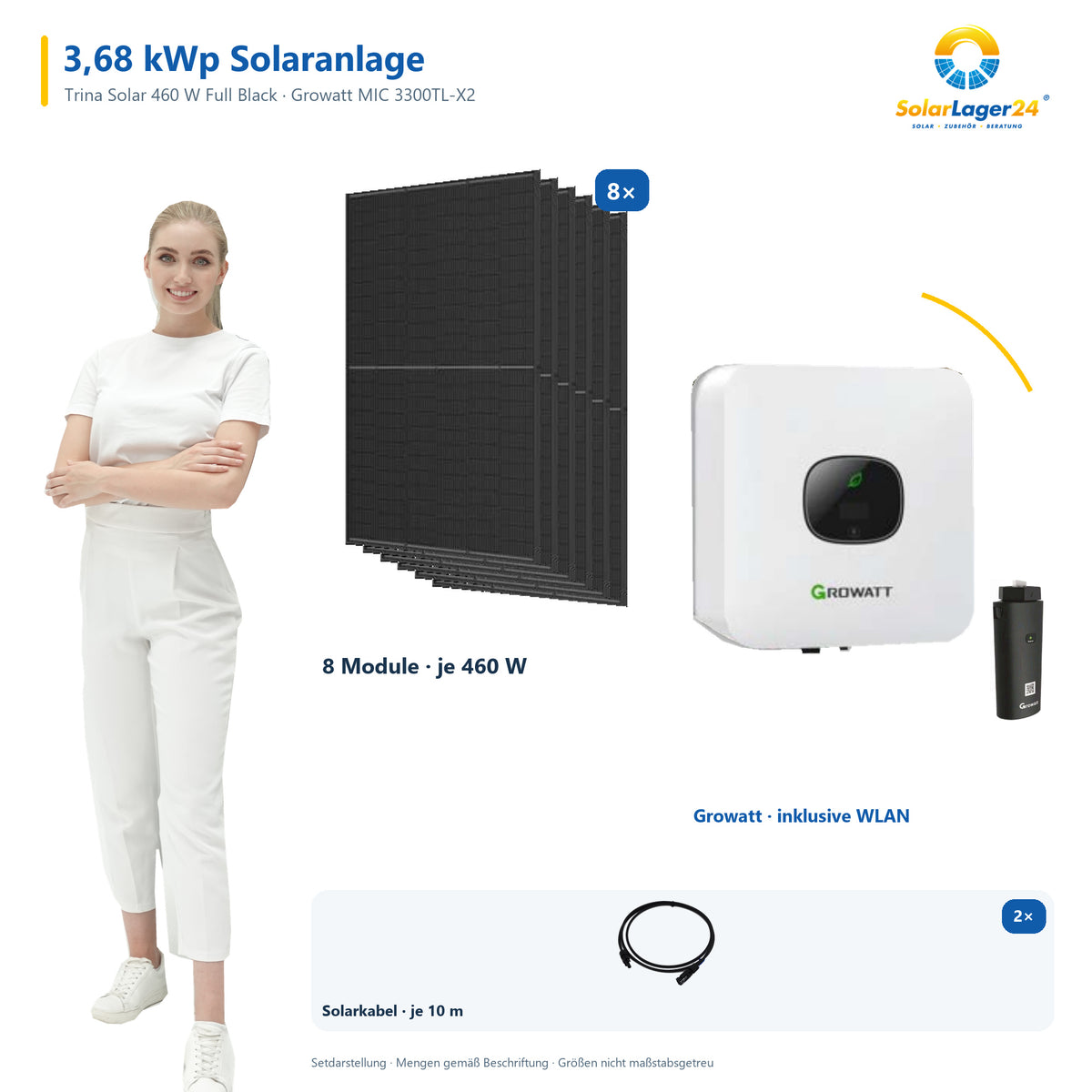 Solaranlage 3,68 kWp mit 8 Trina Solar 460-W-Full-Black-Modulen, Growatt MIC 3300TL-X2, WLAN-Stick und zwei 10-m-Solarkabeln mit 6 mm² – präsentiert von einem SolarLager24 Model