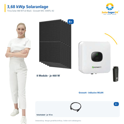 Solaranlage 3,68 kWp mit 8 Trina Solar 460-W-Full-Black-Modulen, Growatt MIC 3300TL-X2, WLAN-Stick und zwei 10-m-Solarkabeln mit 6 mm² – präsentiert von einem SolarLager24 Model