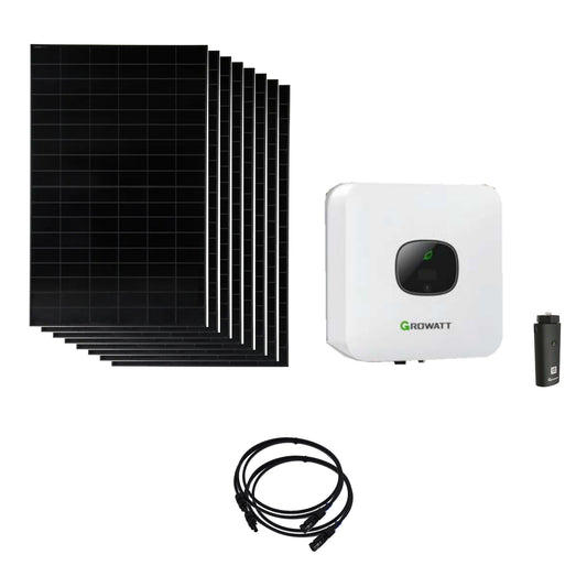 Solaranlage 3,84 kWp mit 8 bifazialen Solar Fabrik Mono S4 BC Black 480-W-Back-Contact-Modulen, Growatt MIC 3300TL-X2, WLAN-Stick und zwei 10-m-Solarkabeln mit 6 mm²