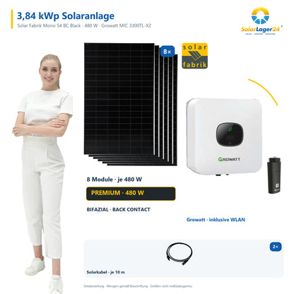 Solaranlage 3,84 kWp mit 8 bifazialen Solar Fabrik Mono S4 BC Black 480-W-Back-Contact-Modulen, Growatt MIC 3300TL-X2, WLAN-Stick und zwei 10-m-Solarkabeln mit 6 mm² – präsentiert von einem SolarLager24 Model