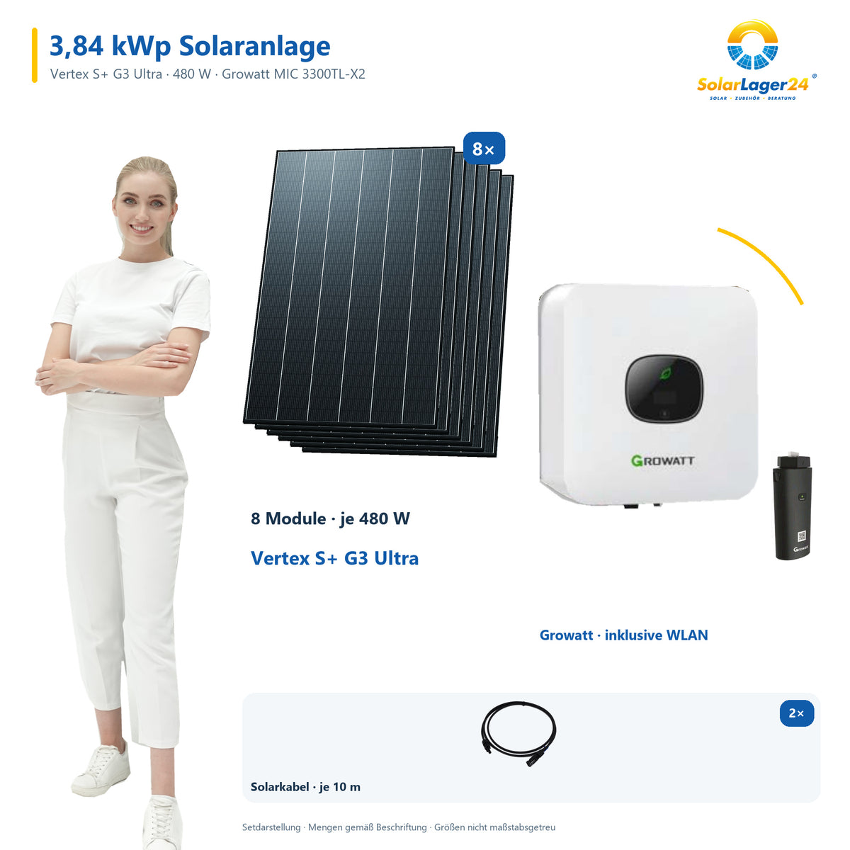 Solaranlage 3,84 kWp mit 8 Trina Solar Vertex S+ G3 Ultra 480-W-Modulen, Growatt MIC 3300TL-X2, WLAN-Stick und zwei 10-m-Solarkabeln mit 6 mm² – präsentiert von einem SolarLager24 Model