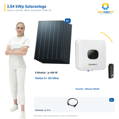 Solaranlage 3,84 kWp mit 8 Trina Solar Vertex S+ G3 Ultra 480-W-Modulen, Growatt MIC 3300TL-X2, WLAN-Stick und zwei 10-m-Solarkabeln mit 6 mm² – präsentiert von einem SolarLager24 Model
