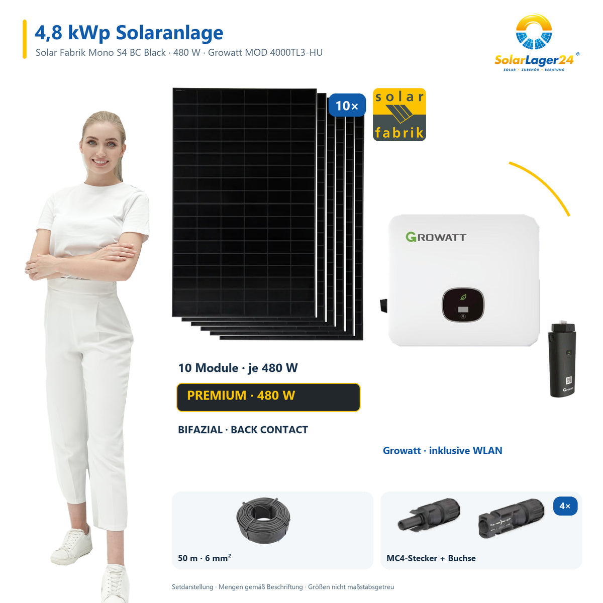 Solaranlage 4,80 kWp mit 10 bifazialen Solar Fabrik Mono S4 BC Black 480-W-Back-Contact-Modulen, Growatt MOD 4000TL3-HU, WLAN-Stick und 50 m Solarkabel mit 6 mm² und vier Paar Stäubli MC4-Stecker/Buchse – präsentiert von einem SolarLager24 Model