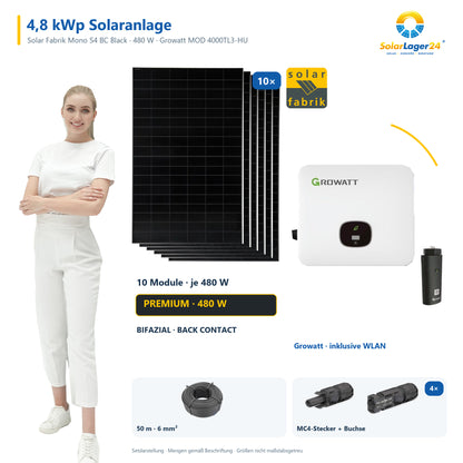 Solaranlage 4,80 kWp mit 10 bifazialen Solar Fabrik Mono S4 BC Black 480-W-Back-Contact-Modulen, Growatt MOD 4000TL3-HU, WLAN-Stick und 50 m Solarkabel mit 6 mm² und vier Paar Stäubli MC4-Stecker/Buchse – präsentiert von einem SolarLager24 Model