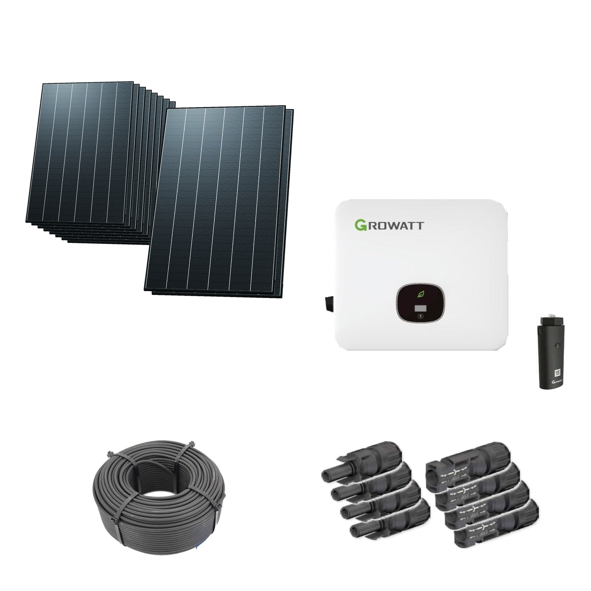 Solaranlage 4,80 kWp mit 10 Trina Solar Vertex S+ G3 Ultra 480-W-Modulen, Growatt MOD 4000TL3-HU, WLAN-Stick und 50 m Solarkabel mit 6 mm² und vier Paar Stäubli MC4-Stecker/Buchse
