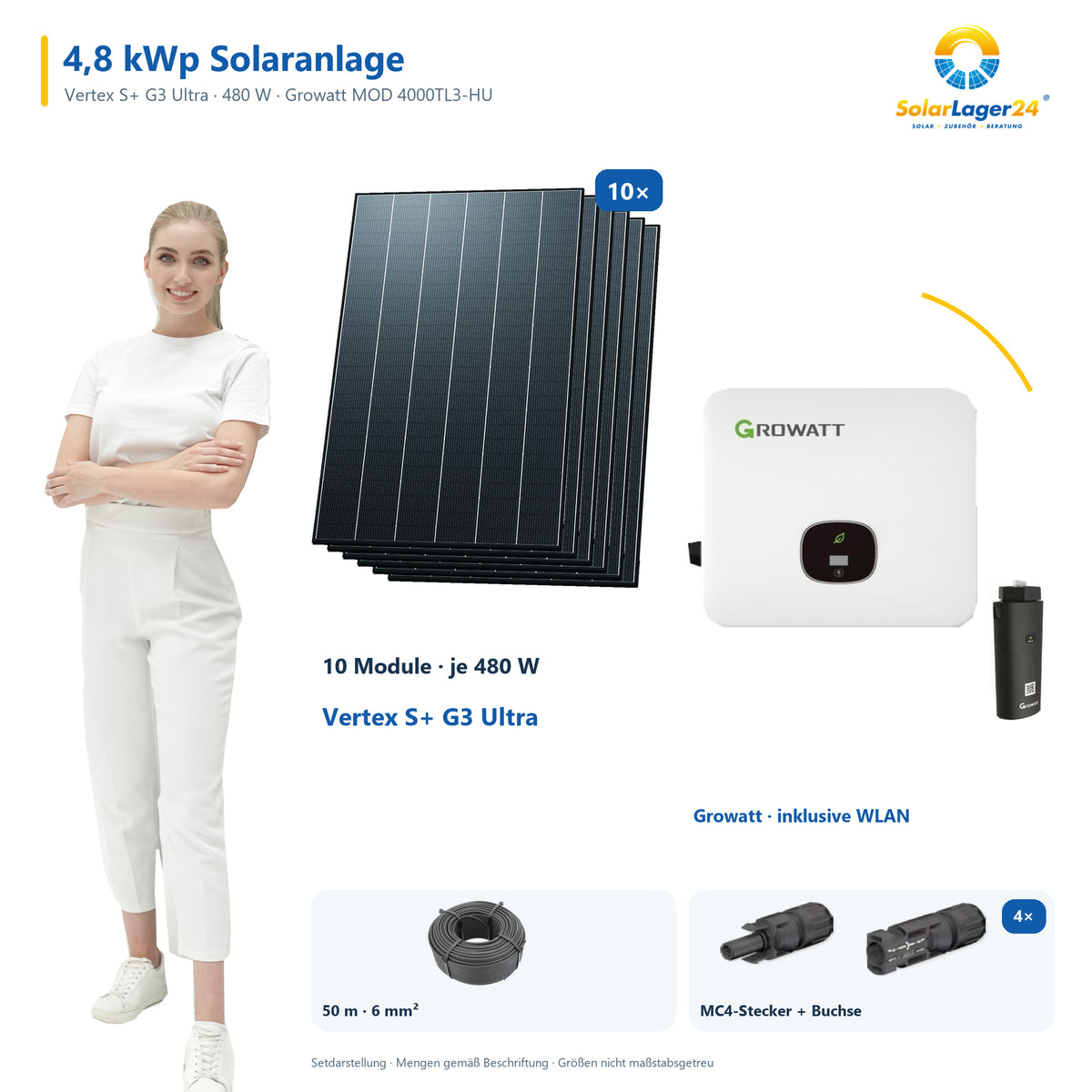 Solaranlage 4,80 kWp mit 10 Trina Solar Vertex S+ G3 Ultra 480-W-Modulen, Growatt MOD 4000TL3-HU, WLAN-Stick und 50 m Solarkabel mit 6 mm² und vier Paar Stäubli MC4-Stecker/Buchse – präsentiert von einem SolarLager24 Model