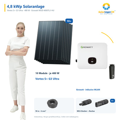 Solaranlage 4,80 kWp mit 10 Trina Solar Vertex S+ G3 Ultra 480-W-Modulen, Growatt MOD 4000TL3-HU, WLAN-Stick und 50 m Solarkabel mit 6 mm² und vier Paar Stäubli MC4-Stecker/Buchse – präsentiert von einem SolarLager24 Model