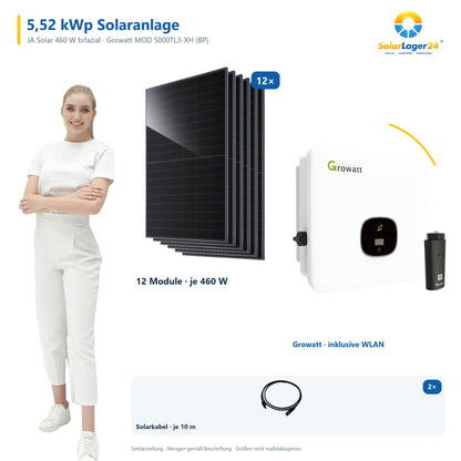 Solaranlage 5,52 kWp mit 12 JA Solar 460-W-Modulen, Growatt MOD 5000TL3-XH (BP), WLAN-Stick und zwei Solarkabeln – präsentiert von einem SolarLager24 Model