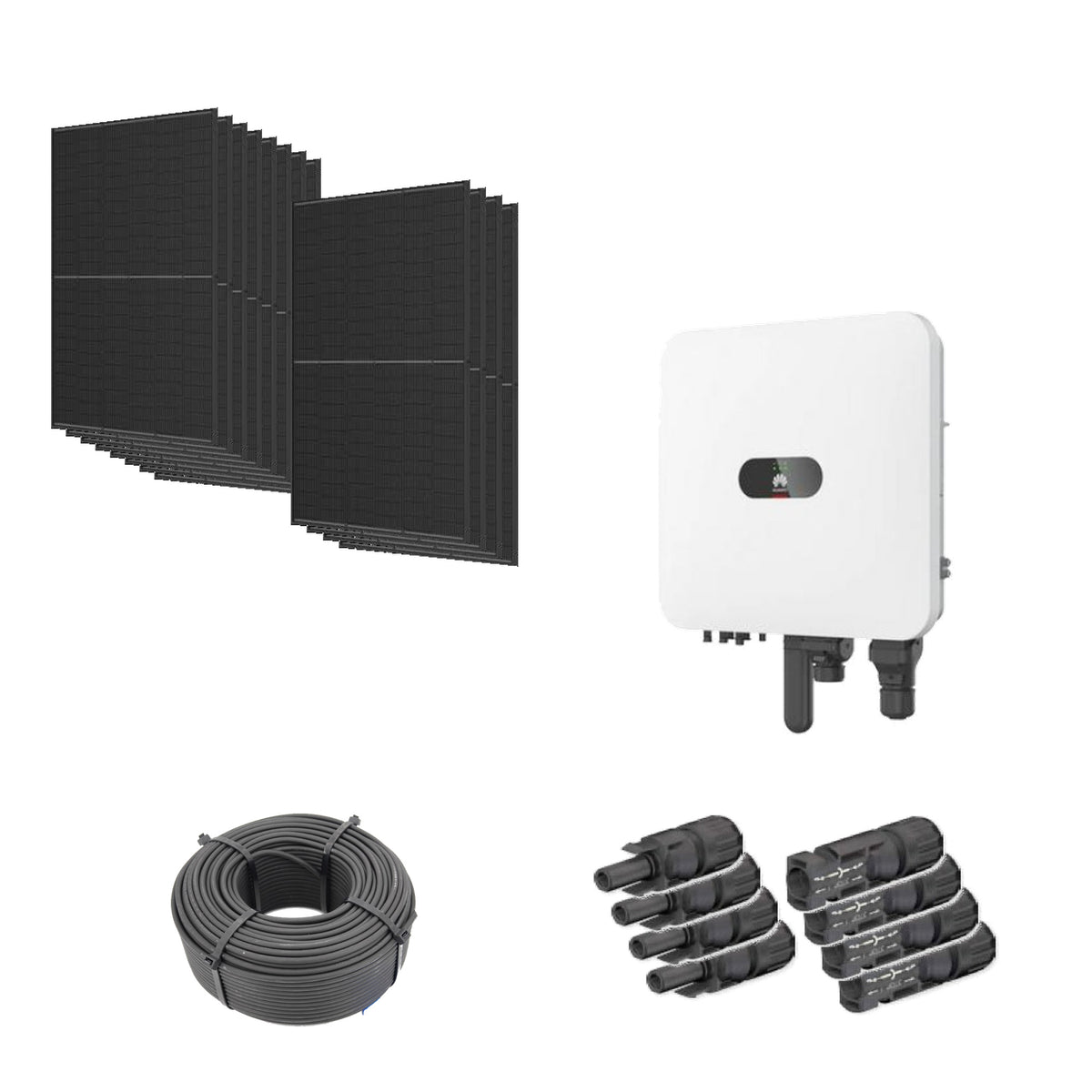 5,52 kWp Solaranlage mit 12 Trina Solar Vertex S+ Full Black 460 W Modulen, Huawei SUN2000-5K-MAP0 mit WLAN-FE-Dongle, 100 m Solarkabel und vier Paar MC4-Stecker/Buchse