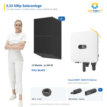 5,52 kWp Solaranlage mit 12 Trina Solar Vertex S+ Full Black 460 W Modulen, Huawei SUN2000-5K-MAP0 mit WLAN-FE-Dongle, 100 m Solarkabel und vier Paar MC4-Stecker/Buchse – präsentiert von einem SolarLager24 Model