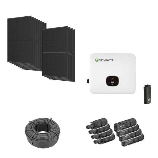 Solaranlage 5,52 kWp mit 12 Trina Solar 460-W-Full-Black-Modulen, Growatt MOD 5000TL3-HU, WLAN-Stick und 100 m Solarkabel mit 6 mm² und vier Paar Stäubli MC4-Stecker/Buchse
