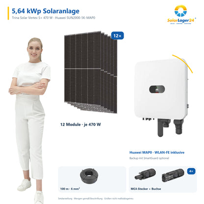 5,64 kWp Solaranlage mit 12 Trina Solar Vertex S+ 470 W Modulen, Huawei SUN2000-5K-MAP0 mit WLAN-FE-Dongle, 100 m Solarkabel und vier Paar MC4-Stecker/Buchse – präsentiert von einem SolarLager24 Model