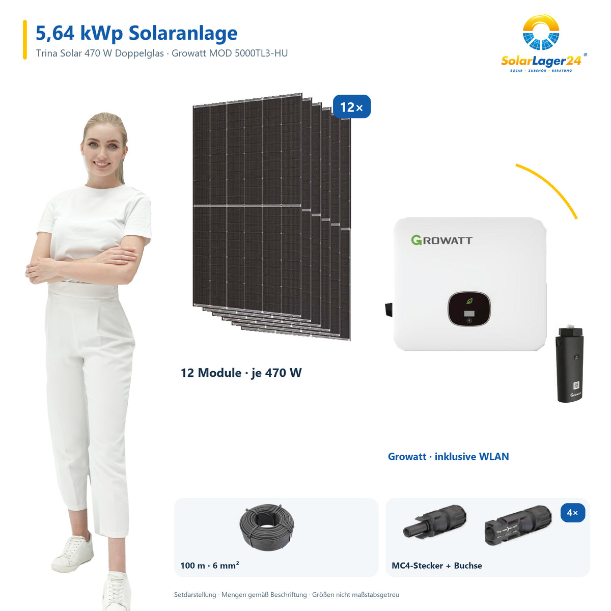 Solaranlage 5,64 kWp mit 12 Trina Solar 470-W-Modulen, Growatt MOD 5000TL3-HU, WLAN-Stick und 100 m Solarkabel mit 6 mm² und vier Paar Stäubli MC4-Stecker/Buchse – präsentiert von einem SolarLager24 Model