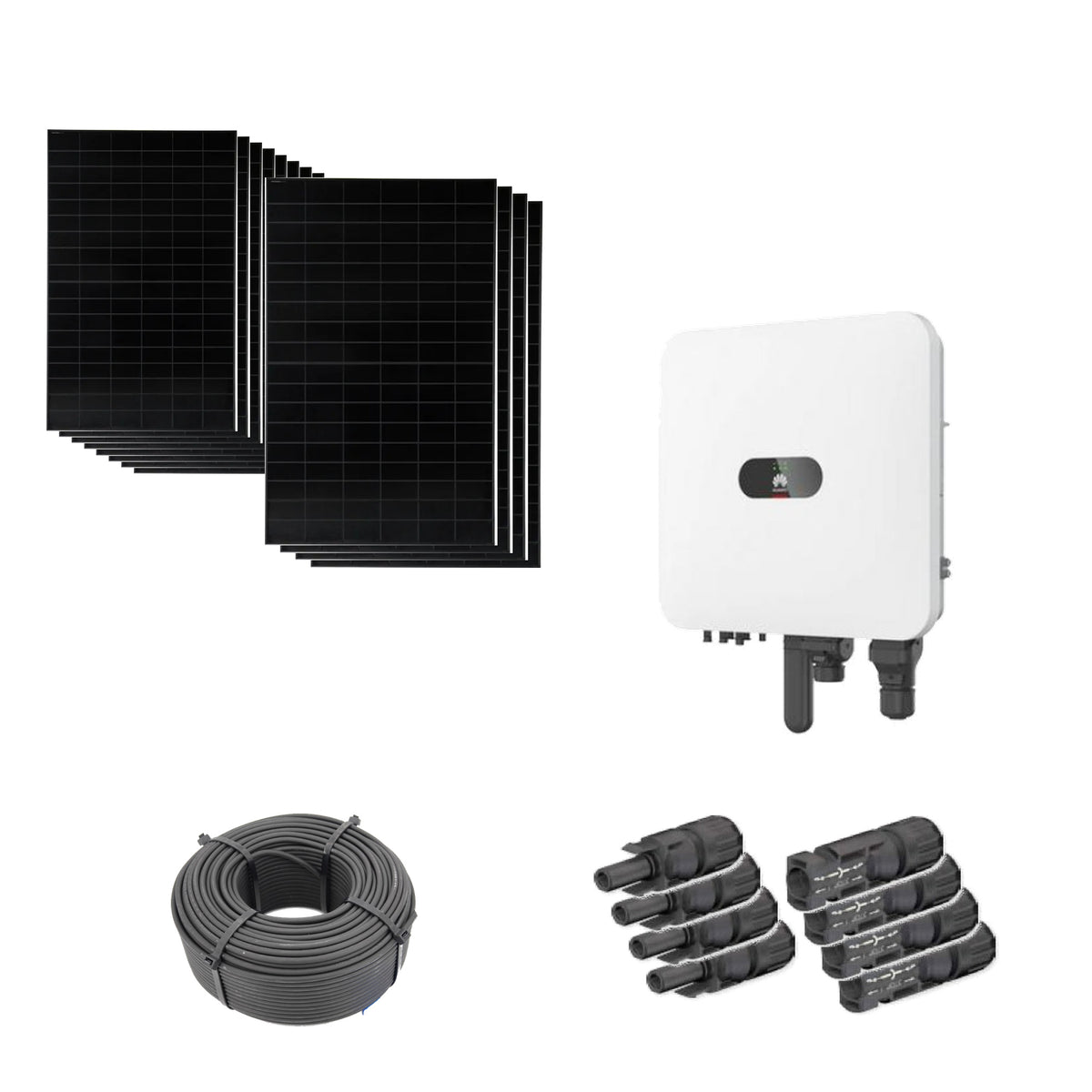 5,76 kWp Solaranlage mit 12 Solar Fabrik Mono S4 BC Black 480 W Modulen, Huawei SUN2000-5K-MAP0 mit WLAN-FE-Dongle, 100 m Solarkabel und vier Paar MC4-Stecker/Buchse