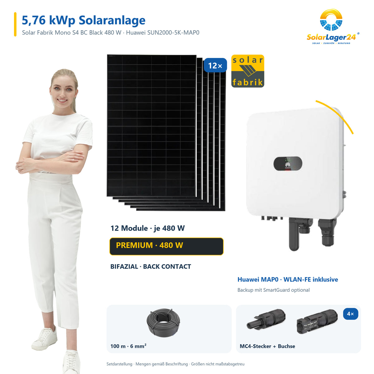 5,76 kWp Solaranlage mit 12 Solar Fabrik Mono S4 BC Black 480 W Modulen, Huawei SUN2000-5K-MAP0 mit WLAN-FE-Dongle, 100 m Solarkabel und vier Paar MC4-Stecker/Buchse – präsentiert von einem SolarLager24 Model