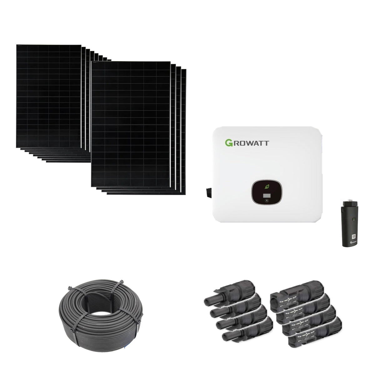 Solaranlage 5,76 kWp mit 12 bifazialen Solar Fabrik Mono S4 BC Black 480-W-Back-Contact-Modulen, Growatt MOD 5000TL3-HU, WLAN-Stick und 100 m Solarkabel mit 6 mm² und vier Paar Stäubli MC4-Stecker/Buchse