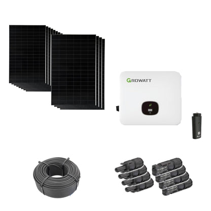 Solaranlage 5,76 kWp mit 12 bifazialen Solar Fabrik Mono S4 BC Black 480-W-Back-Contact-Modulen, Growatt MOD 5000TL3-HU, WLAN-Stick und 100 m Solarkabel mit 6 mm² und vier Paar Stäubli MC4-Stecker/Buchse