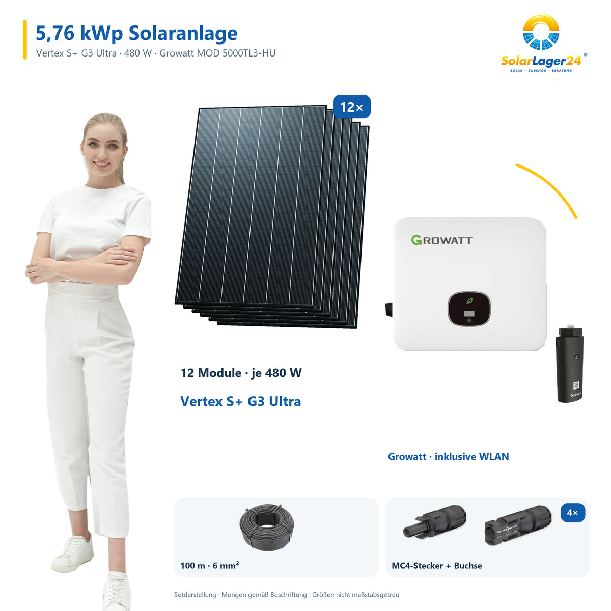 Solaranlage 5,76 kWp mit 12 Trina Solar Vertex S+ G3 Ultra 480-W-Modulen, Growatt MOD 5000TL3-HU, WLAN-Stick und 100 m Solarkabel mit 6 mm² und vier Paar Stäubli MC4-Stecker/Buchse – präsentiert von einem SolarLager24 Model