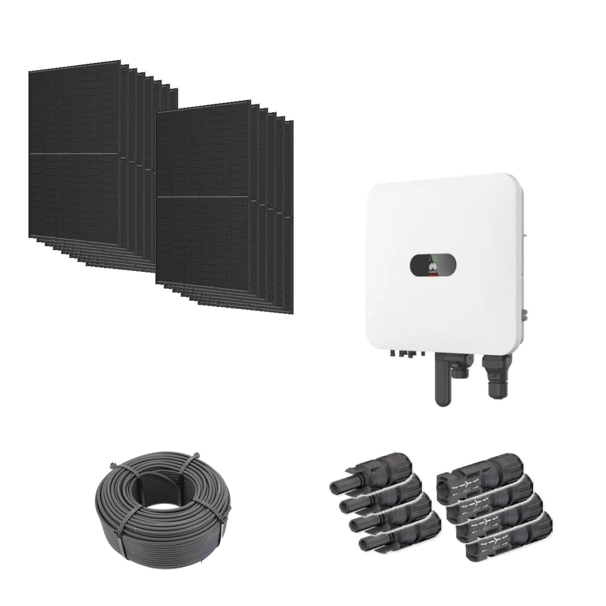 6,44 kWp Solaranlage mit 14 Trina Solar Vertex S+ Full Black 460 W Modulen, Huawei SUN2000-6K-MAP0 mit WLAN-FE-Dongle, 100 m Solarkabel und vier Paar MC4-Stecker/Buchse