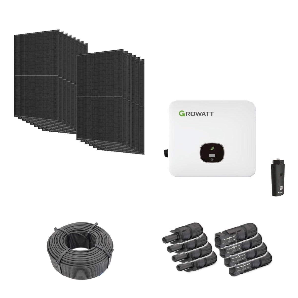 Solaranlage 6,44 kWp mit 14 Trina Solar 460-W-Full-Black-Modulen, Growatt MOD 5000TL3-HU, WLAN-Stick und 100 m Solarkabel mit 6 mm² und vier Paar Stäubli MC4-Stecker/Buchse